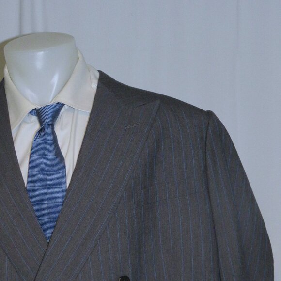 Dege & Skinner Savile Row Double Breasted Gray Striped Suit Jacket 52R